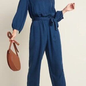 Old Navy Tencel Chambray Dark Wash Jumpsuit Denim Jean Tie Waist - Small Tall